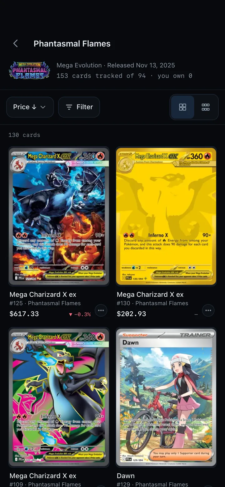 A set in the Cardboard Alpha app: every card with its live price