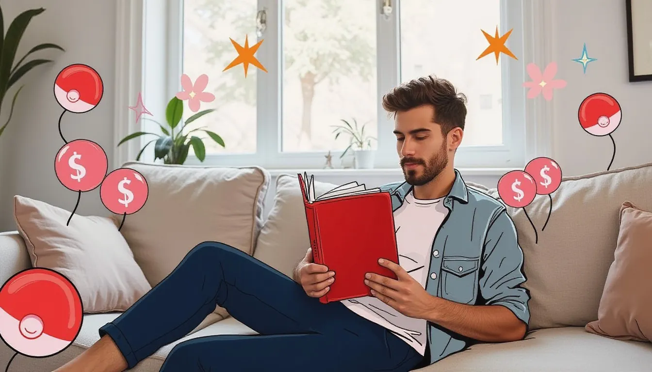 A photograph of a man relaxing on a couch holding a closed red binder on his lap in a bright living room, with flat hand drawn pokeball-red illustrations of pokeballs, dollar signs, sparkles drawn over it.