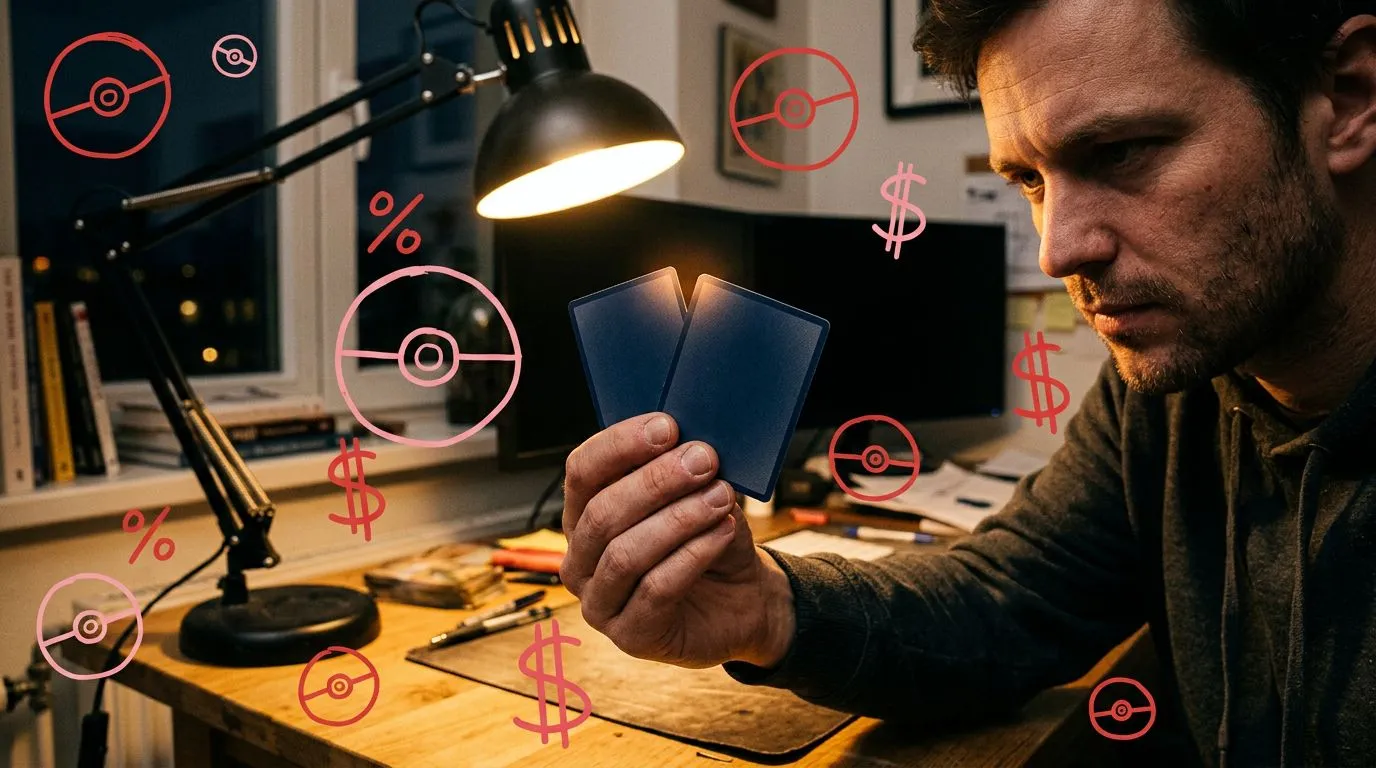 A photograph of a man holding up two plain trading-card backs side by side under a desk lamp, comparing a corner of each, with flat hand drawn pokeball-red illustrations of pokeballs, percent signs, dollar signs drawn over it.