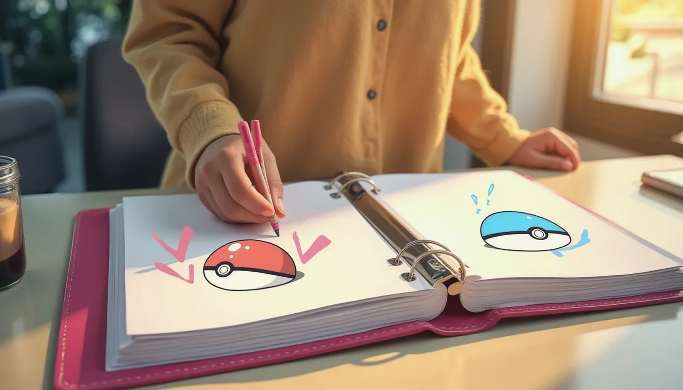 A photograph of a person drawing in an open binder with blank pages at a sunny desk, with flat hand drawn pokeball-red illustrations of pokeballs and checkmarks drawn on the pages.