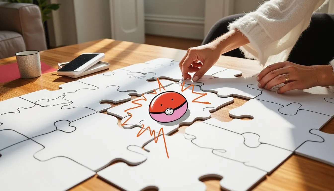 A photograph of a woman fitting pieces into a large plain white jigsaw puzzle on a sunlit coffee table, with a flat hand drawn pokeball-red illustration of a pokeball and a starburst drawn on the center piece.