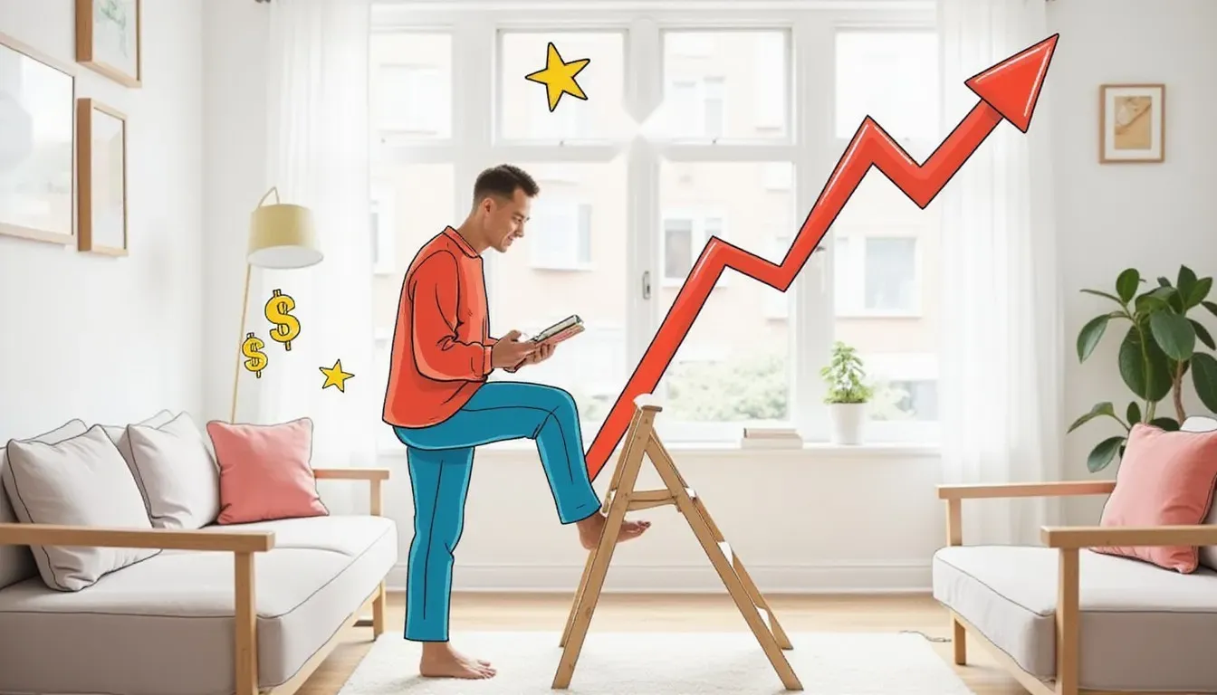 A photograph of a man stepping onto a short wooden step ladder in a bright living room while reading a small notebook, with flat hand drawn pokeball-red illustrations of a rising zigzag arrow, stars and dollar signs drawn over it.