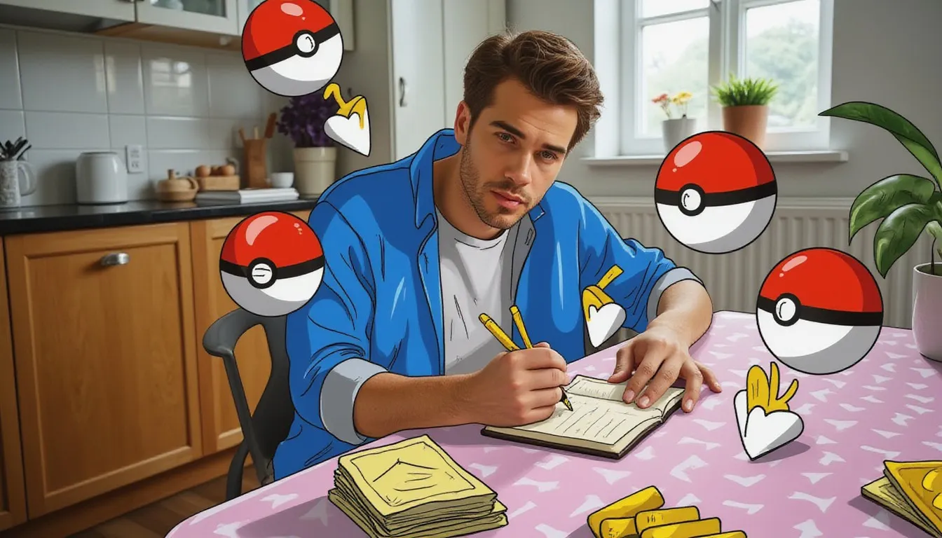A photograph of a man writing in a notebook at a kitchen table with a stack of face-down trading cards beside him, with flat hand drawn pokeball-red illustrations of pokeballs, downward arrows, coins drawn over it.