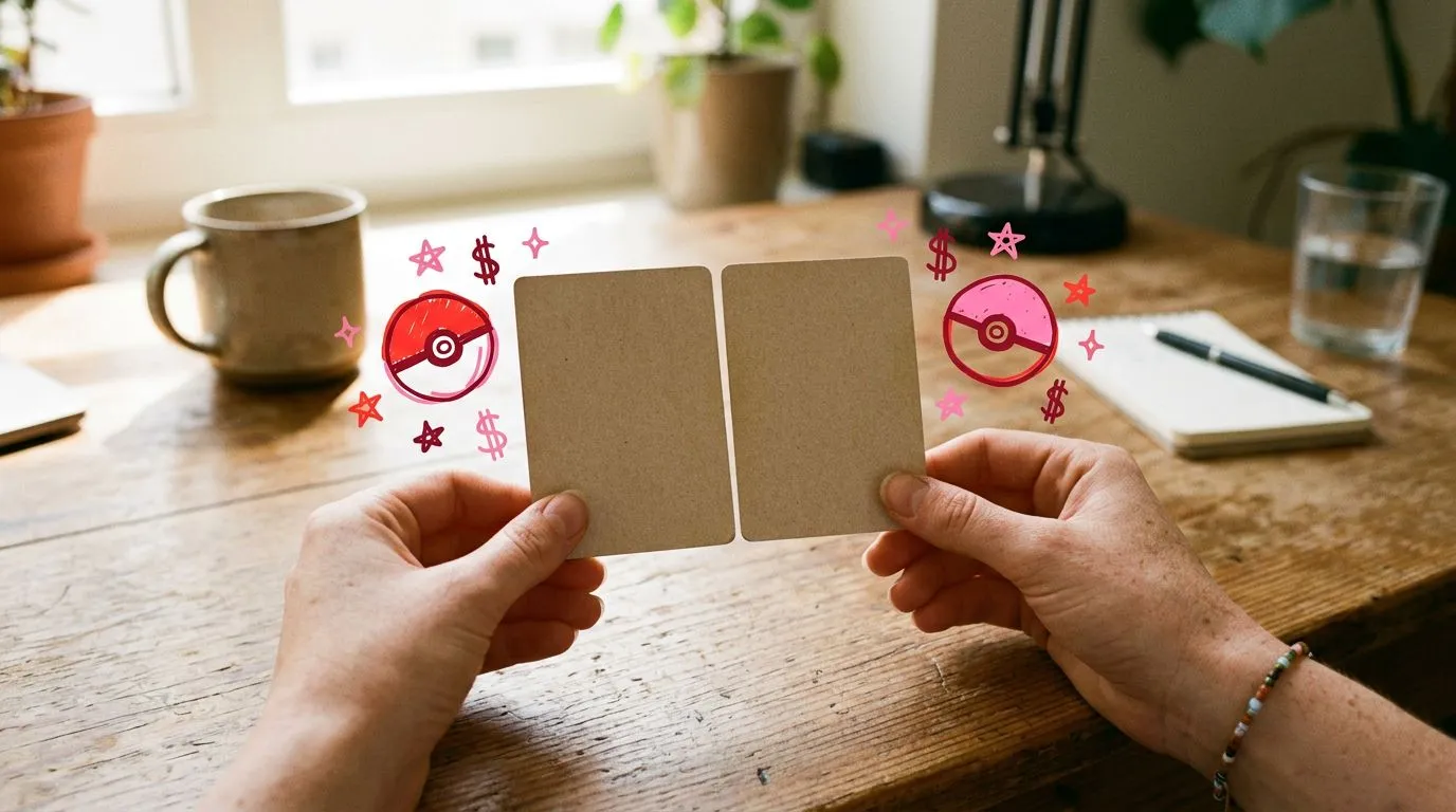 A photograph of a woman comparing the plain backs of two trading cards side by side at a sunlit desk, with flat hand drawn pokeball-red illustrations of pokeballs, stars, dollar signs drawn over it.