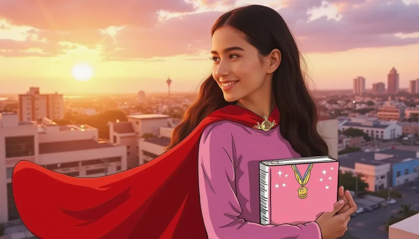 A photograph of a smiling girl in a red cape holding a pink card binder decorated with a gold medal on a rooftop at sunset, with flat hand drawn pokeball-red illustrations of a medal and sparkles drawn over it.