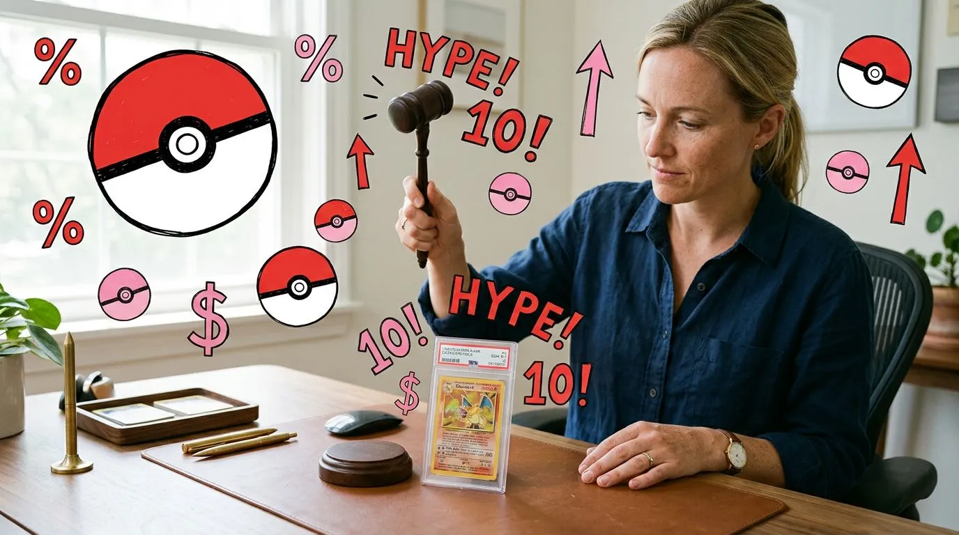 A photograph of a woman raising a small wooden gavel over a graded card slab on a tidy desk, with flat hand drawn pokeball-red illustrations of pokeballs, percent signs, upward arrows drawn over it.