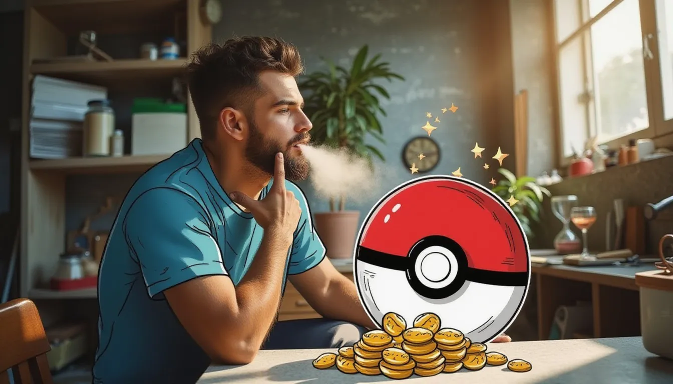 A photograph of a bearded man in a teal T-shirt at a table in a sunlit room lined with shelves, finger to his chin, blowing a puff of air toward a large hand drawn red and white pokeball, with a pile of hand drawn gold coins and small sparkles beside it.