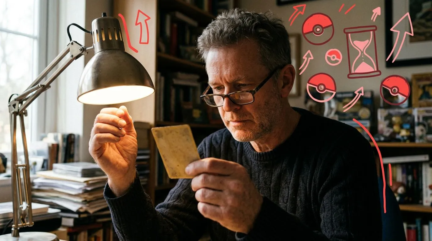 A photograph of a man examining the plain back of a vintage trading card under a desk lamp in a dim study, with flat hand drawn pokeball-red illustrations of pokeballs, hourglass, upward arrows drawn over it.