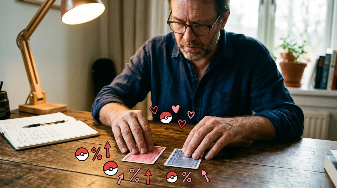 A photograph of a man comparing two plain card backs side by side on a wooden desk under a lamp, with flat hand drawn pokeball-red illustrations of pokeballs, percent signs, upward arrows drawn over it.