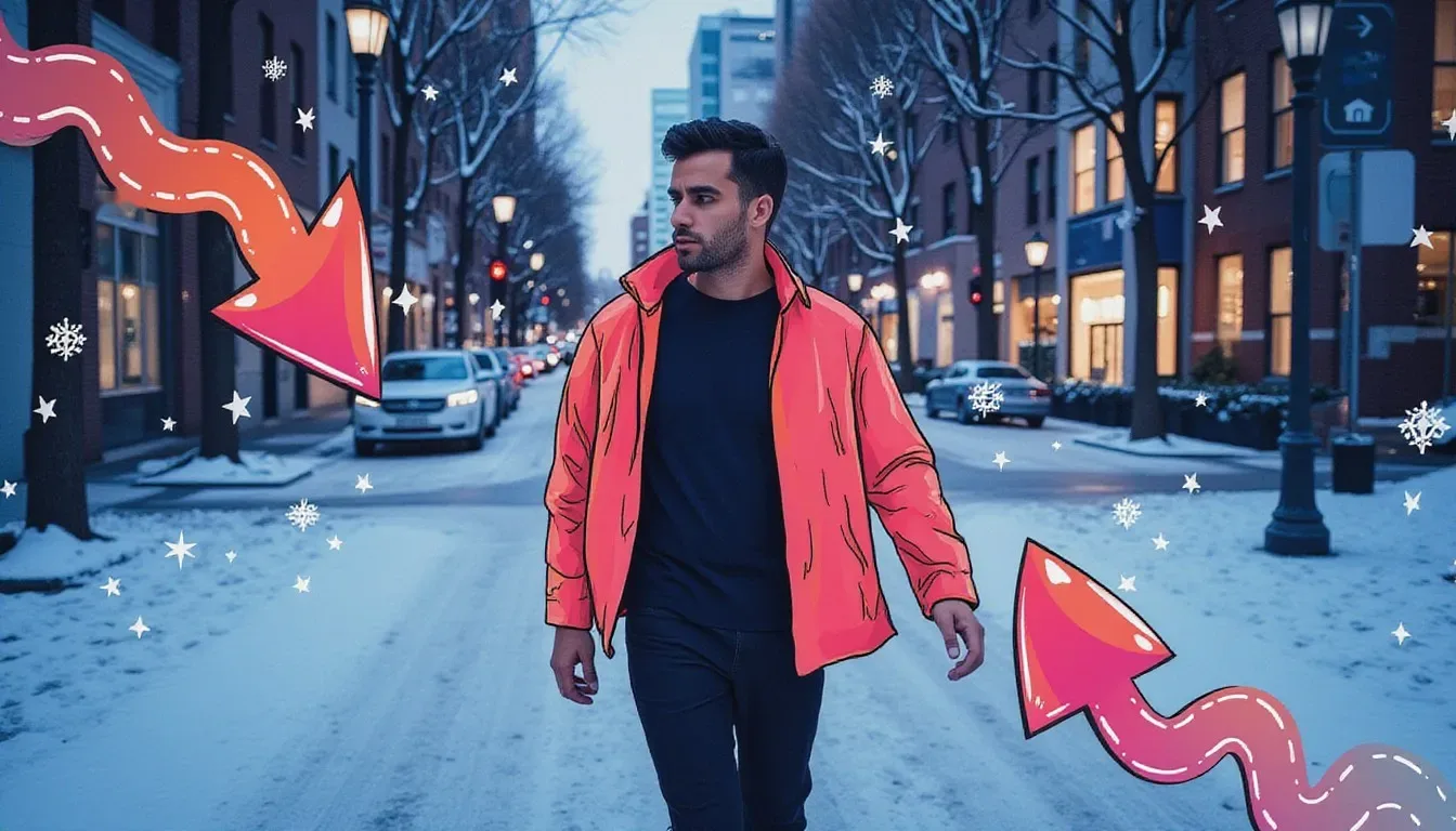 A photograph of a man in a red jacket walking down a snowy city street at dusk, with flat hand drawn pokeball-red illustrations of wavy arrows, snowflakes and stars drawn over it.
