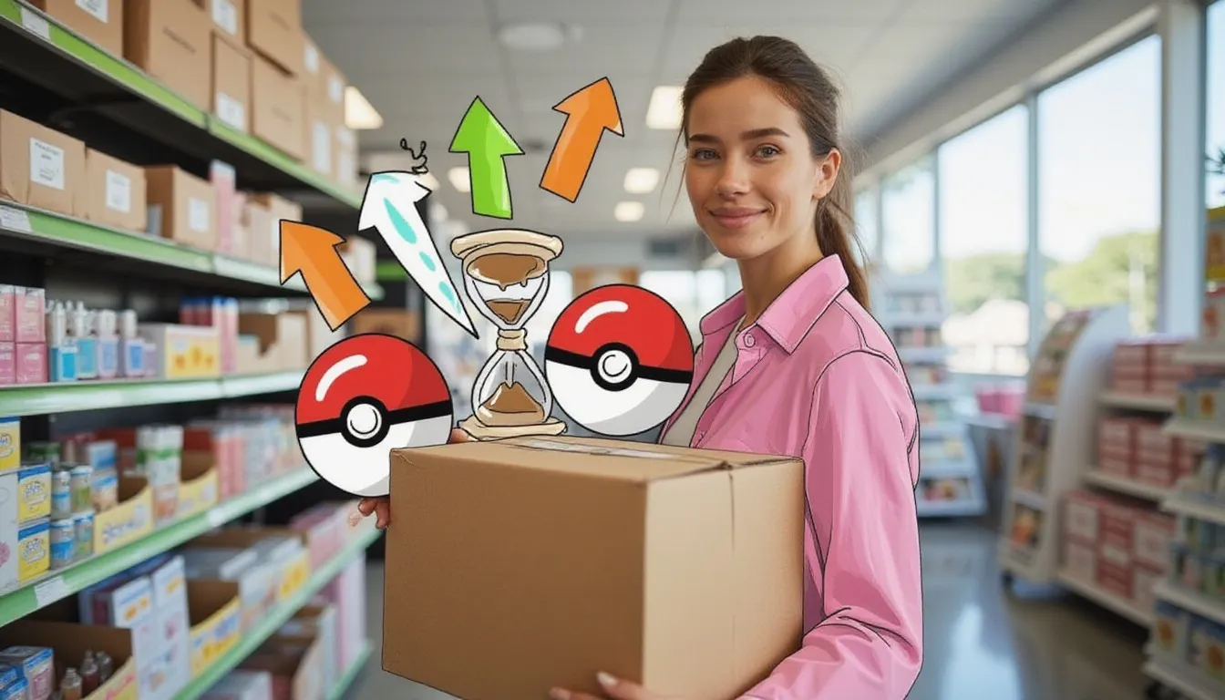 A photograph of a woman holding a shrink-wrapped plain cardboard box in a shop aisle, with flat hand drawn pokeball-red illustrations of pokeballs, upward arrows, hourglass drawn over it.