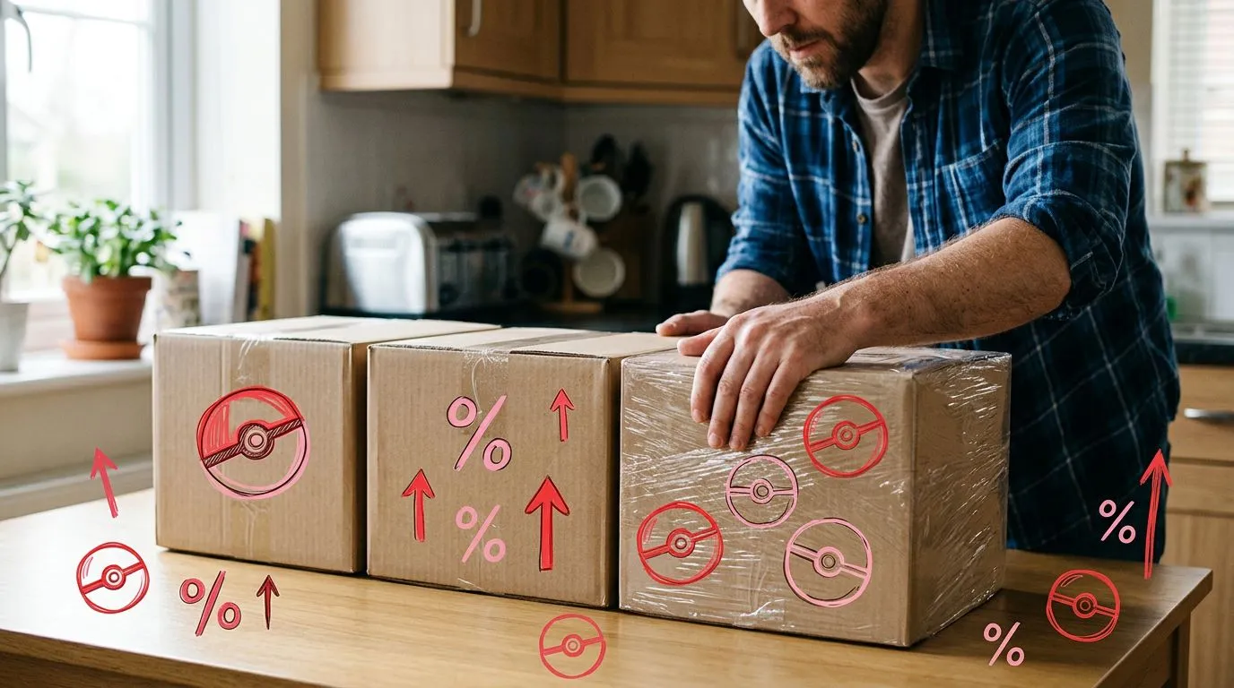 A photograph of a man lining up three shrink-wrapped plain cardboard boxes side by side on a kitchen table, with flat hand drawn pokeball-red illustrations of pokeballs, percent signs, upward arrows drawn over it.