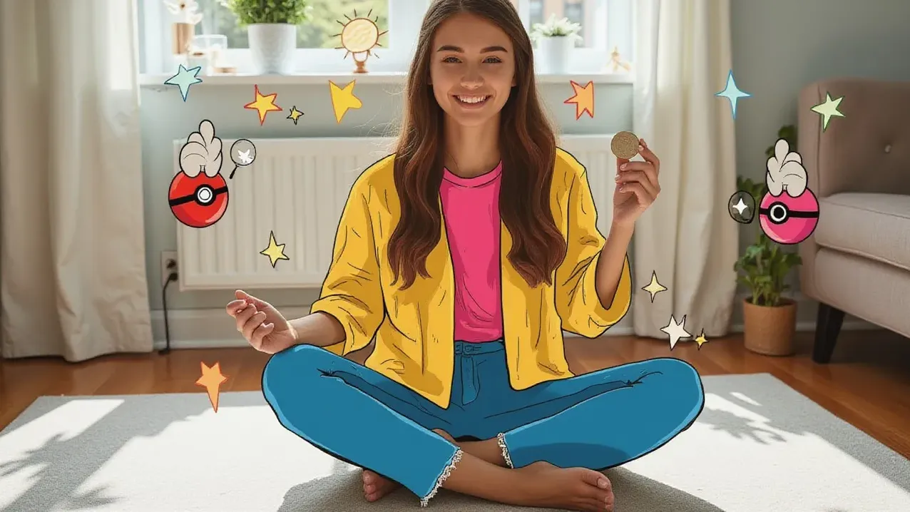 A photograph of a young woman sitting cross-legged on a living room floor, smiling as she holds up a single shiny coin, with flat hand drawn pokeball-red illustrations of pokeballs, magnifying glasses, stars drawn over it.