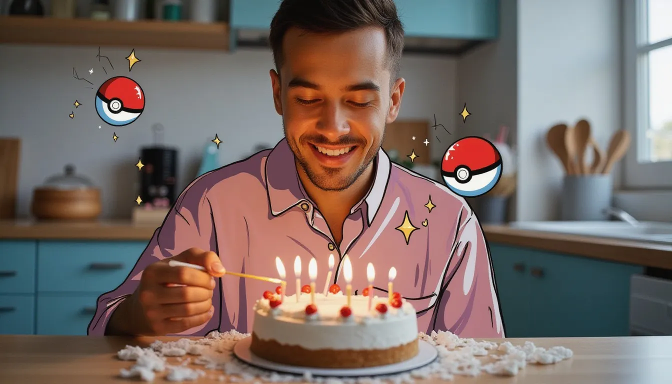 A photograph of a smiling man lighting the candles on a small birthday cake at a kitchen table, with flat hand drawn pokeball-red illustrations of pokeballs and stars drawn over it.