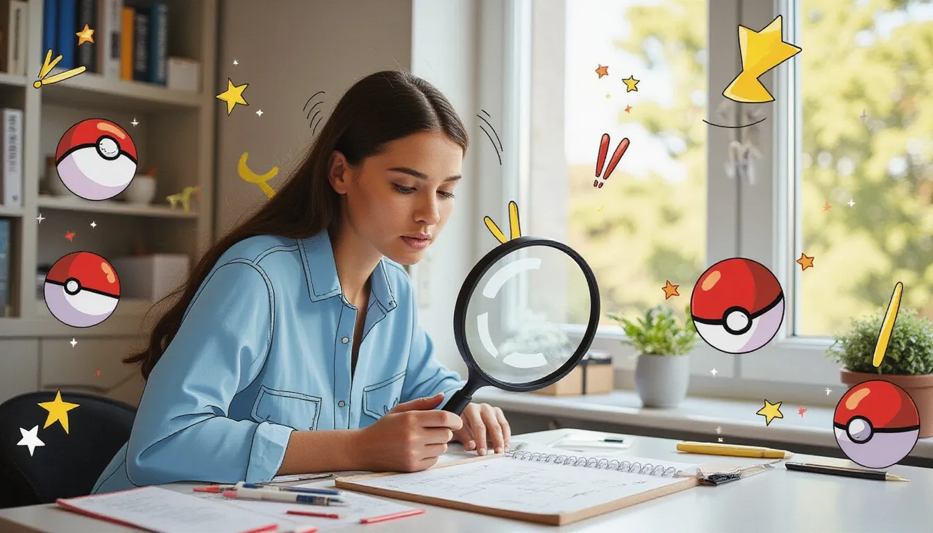 A photograph of a woman peering through a large magnifying glass at a bright desk by a window, with flat hand drawn pokeball-red illustrations of pokeballs, checkmarks, stars drawn over it.
