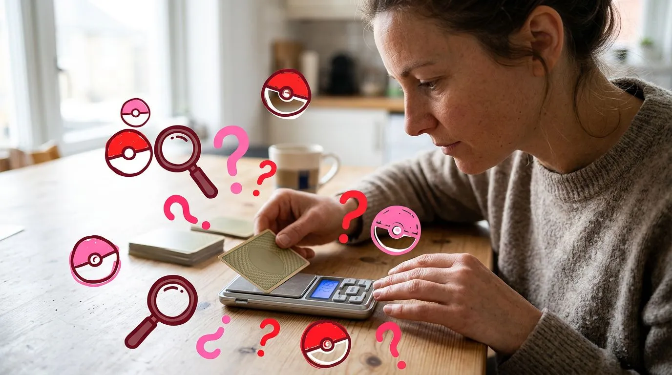 A photograph of a woman weighing the plain back of a trading card on a small kitchen scale at a bright table, with flat hand drawn pokeball-red illustrations of pokeballs, magnifying glasses and question marks drawn over it.