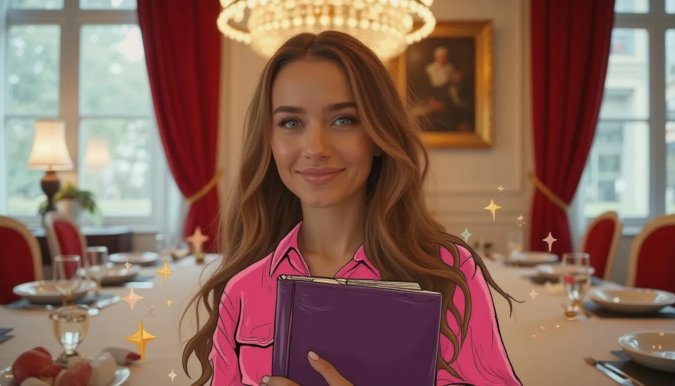 A photograph of a smiling woman holding a closed purple card binder to her chest in an elegant dining room beneath a sparkling chandelier, with flat hand drawn pokeball-red illustrations of sparkles drawn over it.