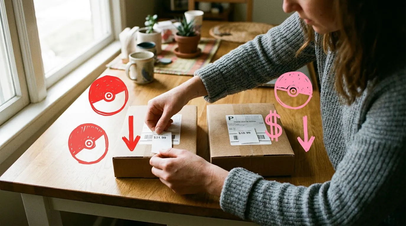 A photograph of a woman lining up two small shipping envelopes side by side on a kitchen table, comparing a price tag taped to each one, with flat hand drawn pokeball-red illustrations of pokeballs, dollar signs, downward arrows drawn over it.
