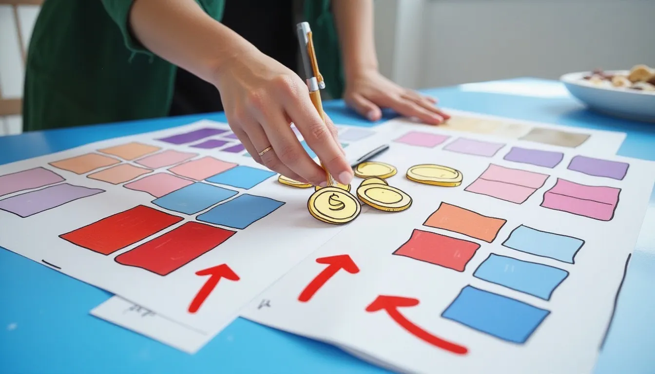 A photograph of a hand holding a pen over gold coins on sheets of colored swatches on a blue table, with the coins and pokeball-red arrows drawn over it in a flat hand drawn style.