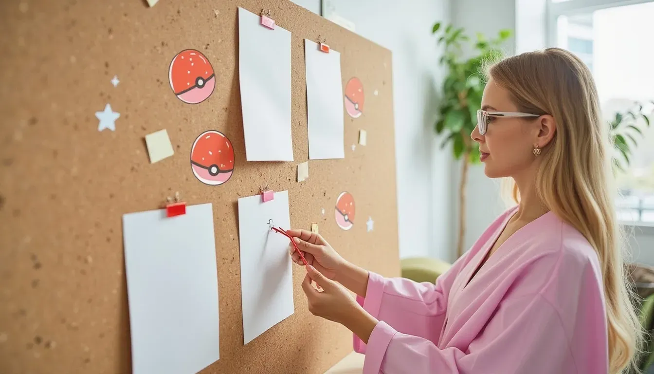 A photograph of a woman joining blank paper sheets on a corkboard with red string in a bright home office, with flat hand drawn pokeball-red illustrations of pokeballs and stars drawn over it.