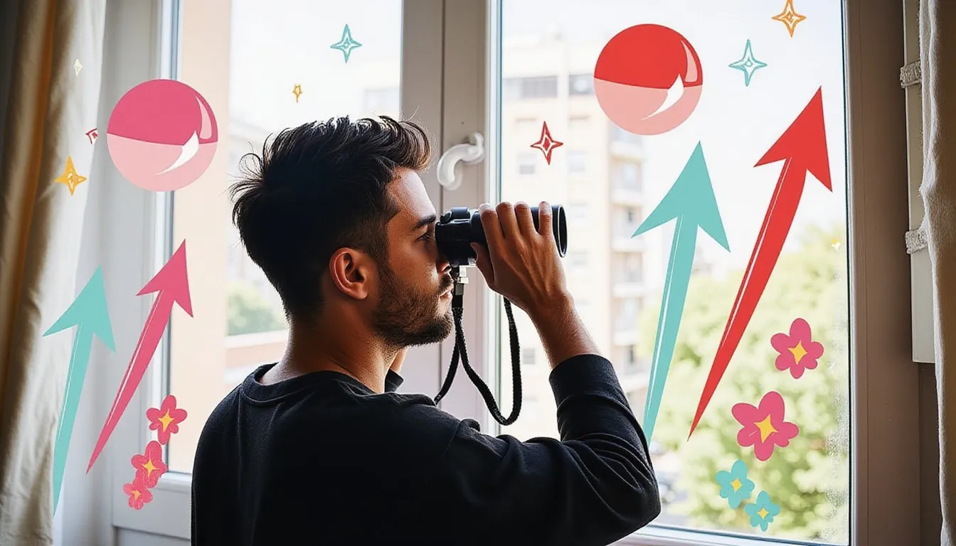 A photograph of a man looking through a pair of binoculars out of a bright apartment window, with flat hand drawn pokeball-red illustrations of upward arrows, stars and round balls drawn over it.