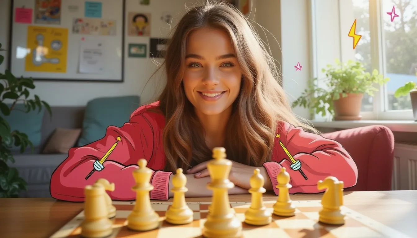 A photograph of a smiling young woman with her arms folded on a sunlit table behind a row of cream chess pieces, with flat hand drawn pokeball-red illustrations of swords on her pink sleeves, a lightning bolt, sparkles drawn over it.