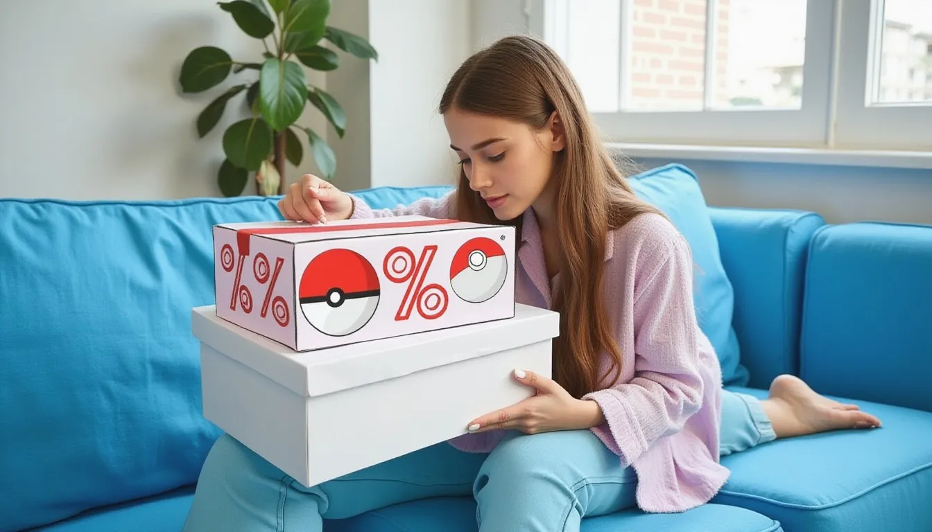 A photograph of a young woman on a bright blue sofa resting a small box decorated with hand drawn pokeballs and red percent signs on top of a larger plain white box.