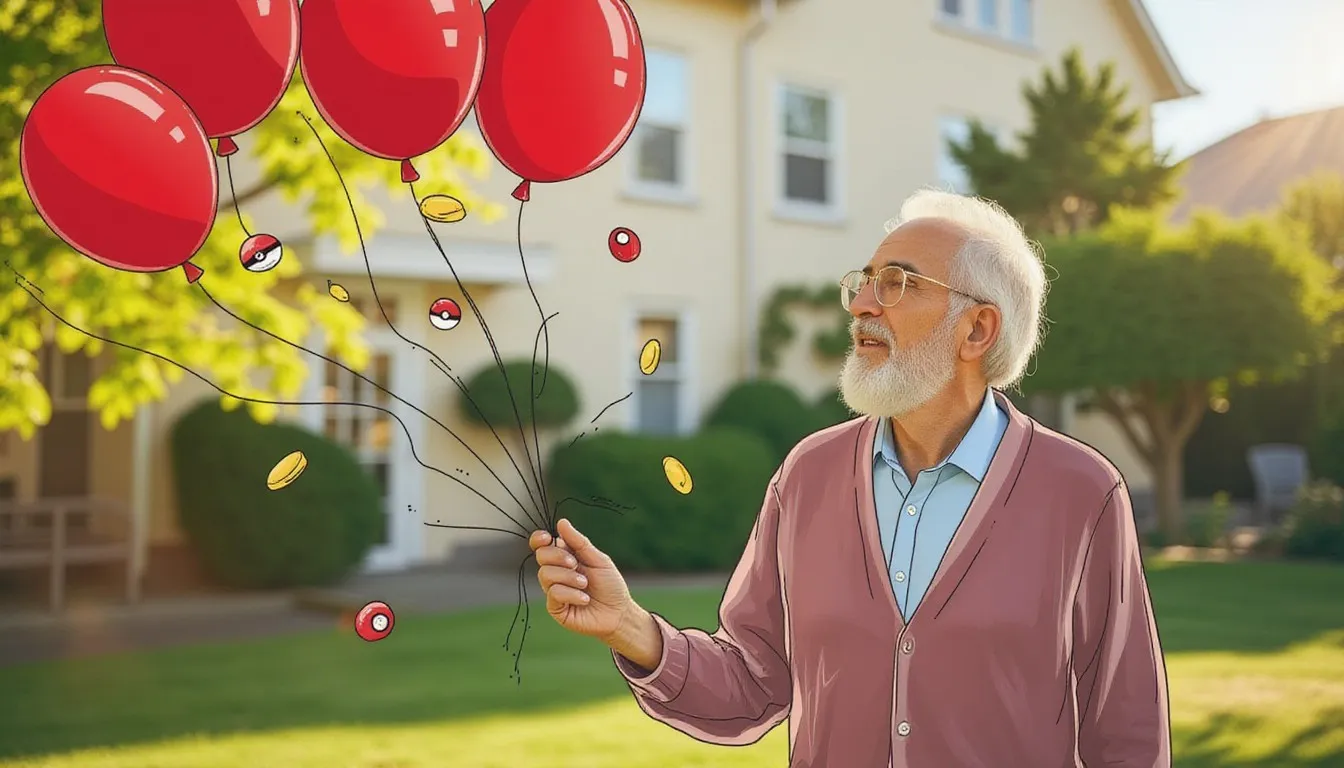 A gray-bearded older man in glasses and a mauve cardigan holds the strings of a bunch of red balloons in a sunny backyard, with small hand-drawn pokeballs and gold coins floating among the strings.