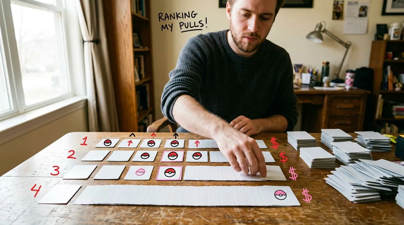 A photograph of a man arranging the plain backs of trading cards into ranked rows across a vintage wooden desk, with flat hand drawn pokeball-red illustrations of pokeballs, dollar signs, upward arrows drawn over it.