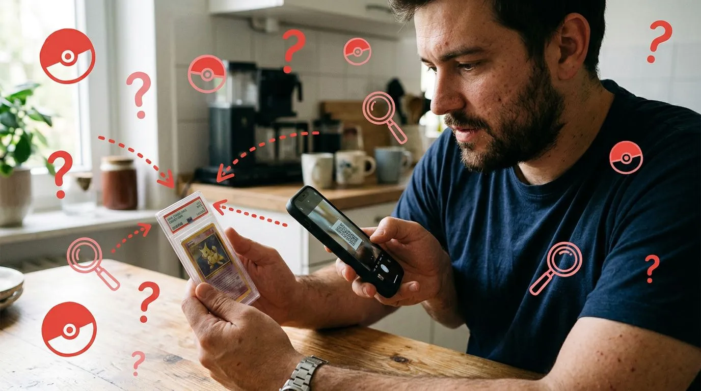 A photograph of a man holding up a graded card slab while pointing a phone at its label to scan it at a kitchen table, with flat hand drawn pokeball-red illustrations of pokeballs, magnifying glasses, question marks drawn over it.
