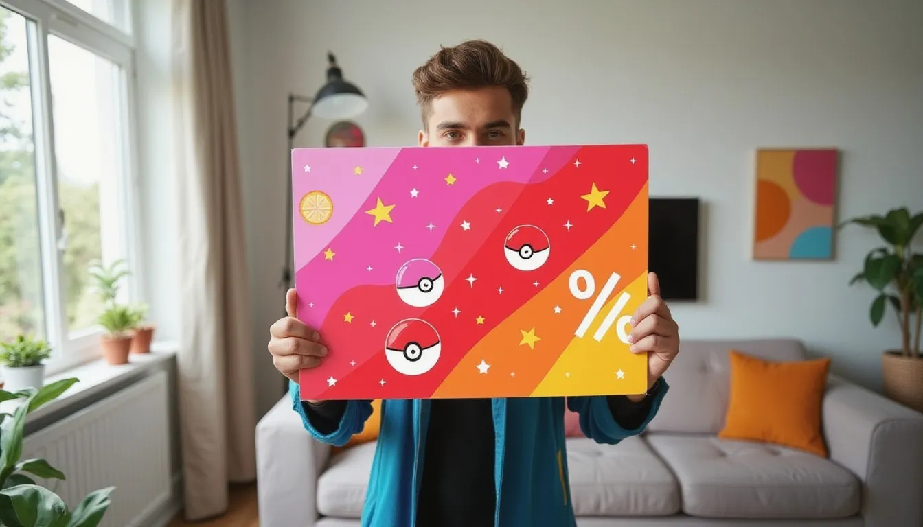 A photograph of a man holding up a graded card slab in a sunlit living room, with flat hand drawn pokeball-red illustrations of pokeballs, stars, percent signs drawn over it.