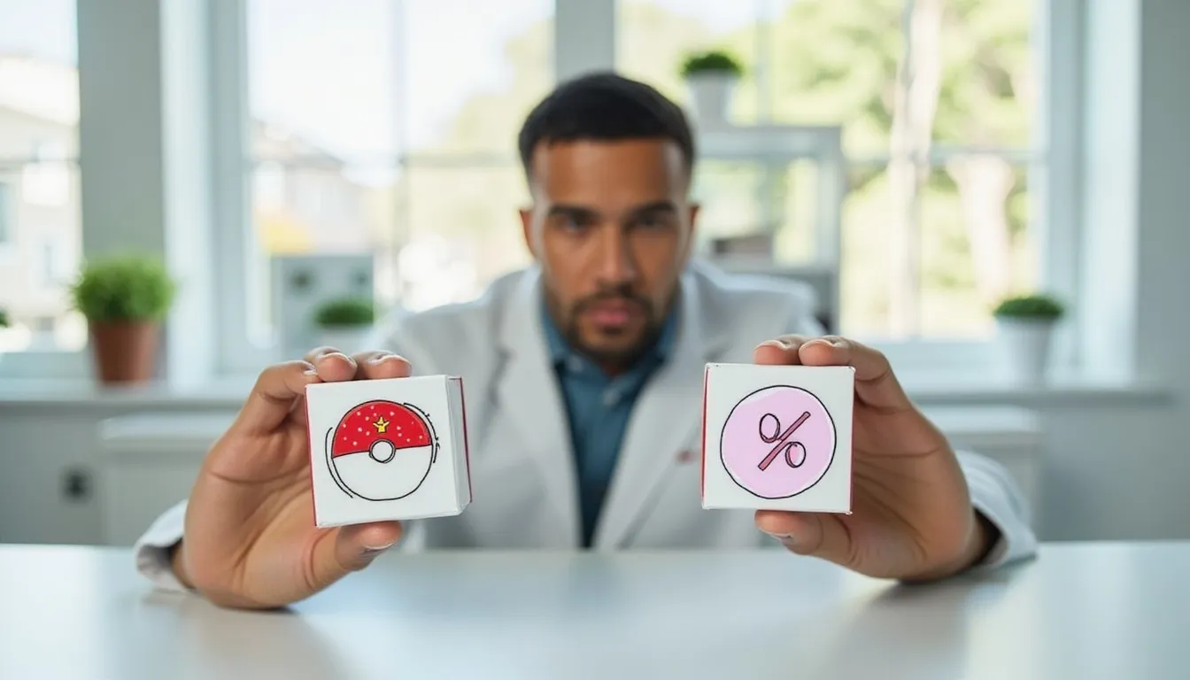 A photograph of a man at a bright desk holding up two small white boxes, with flat hand drawn pokeball-red illustrations of a pokeball and a percent sign drawn on them.