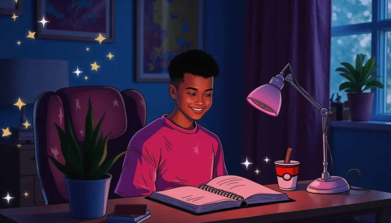 A photograph of a smiling teenage boy reading an open notebook under a glowing desk lamp in a dark bedroom, with flat hand drawn pokeball-red illustrations of stars, sparkles and a pokeball-patterned cup drawn over it.