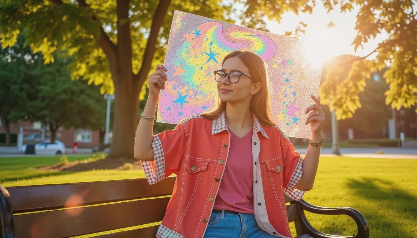 A photograph of a young woman on a park bench holding up a sheet of shimmering holographic foil in the afternoon sun, with flat hand drawn illustrations of a rainbow swirl, sparkles and stars drawn over the foil.