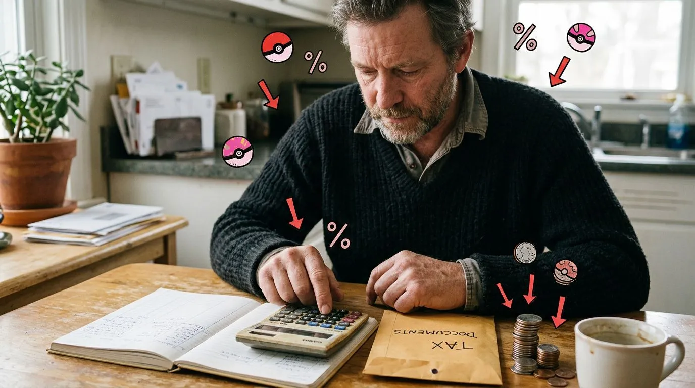 A photograph of a man tapping numbers into a calculator at a kitchen table next to a shipping envelope and a small stack of coins, with flat hand drawn pokeball-red illustrations of pokeballs, percent signs and downward arrows drawn over it.