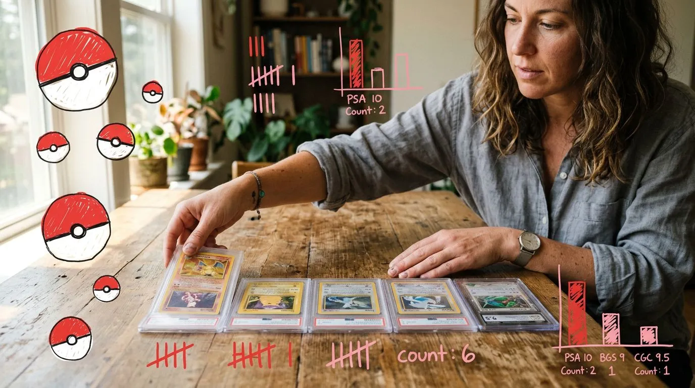 A photograph of a woman lining up several graded card slabs in a row on a sunlit table, with flat hand drawn pokeball-red illustrations of pokeballs, tally marks, bar charts drawn over it.