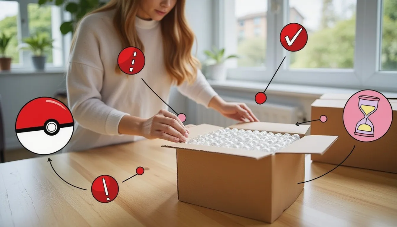 A photograph of a person packing a cardboard box lined with bubble wrap at a wooden table, with flat hand-drawn pokeball-red illustrations of a pokeball, a checkmark, an hourglass and exclamation marks drawn over it.