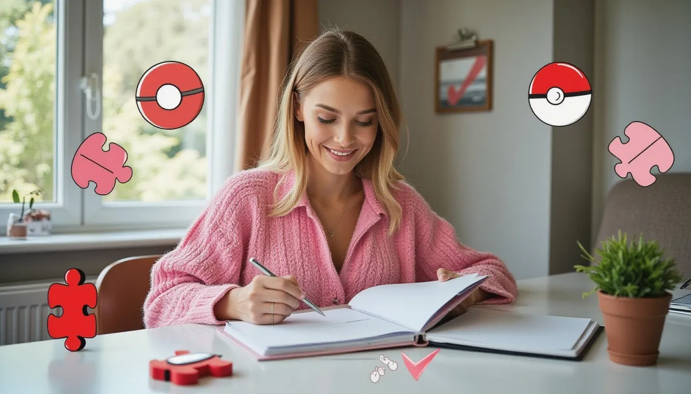 A photograph of a smiling woman writing in an open binder at a table by a window, with flat hand drawn pokeball-red illustrations of puzzle pieces, pokeballs, checkmarks drawn over it.