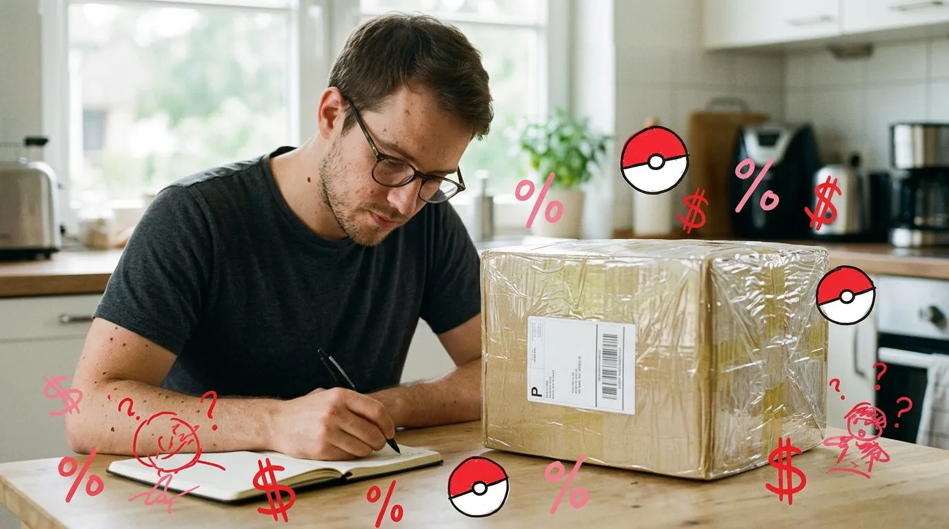 A photograph of a man working out figures in a notebook next to a shrink-wrapped plain cardboard box on a kitchen table, with flat hand drawn pokeball-red illustrations of pokeballs, percent signs, dollar signs drawn over it.