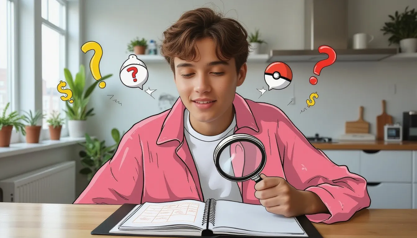 A photograph of a young man at a kitchen table peering through a magnifying glass at an open notebook with a puzzled smile, with flat hand drawn pokeball-red illustrations of question marks, dollar signs, pokeballs drawn over it.