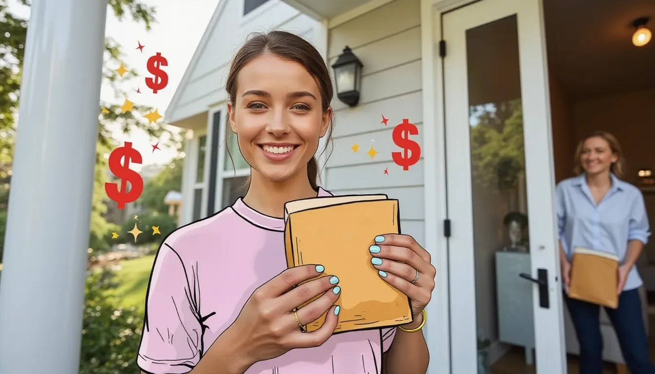 A photograph of a smiling woman on her front porch holding up a padded envelope while a buyer waits in the doorway, with flat hand drawn pokeball-red illustrations of dollar signs and sparkles drawn over it.