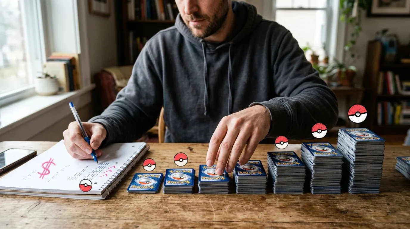 A photograph of a man arranging several small stacks of face-down trading cards in a row by height on a desk, tallying counts in a notebook, with flat hand drawn pokeball-red illustrations of pokeballs, dollar signs, checkmarks drawn over it.