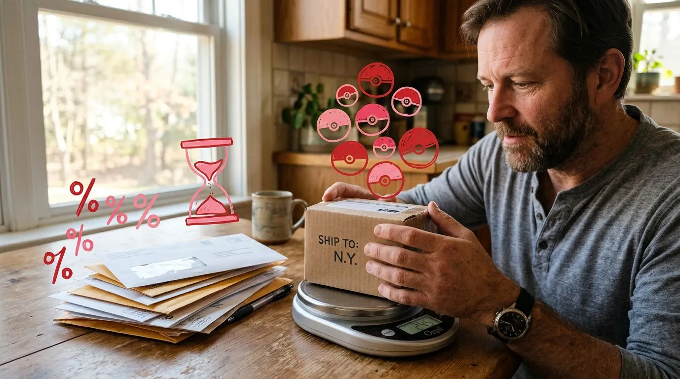 A photograph of a man weighing a small shipping box on a kitchen scale next to a stack of envelopes, with flat hand-drawn red illustrations of pokeballs, an hourglass, and percent signs drawn over it.