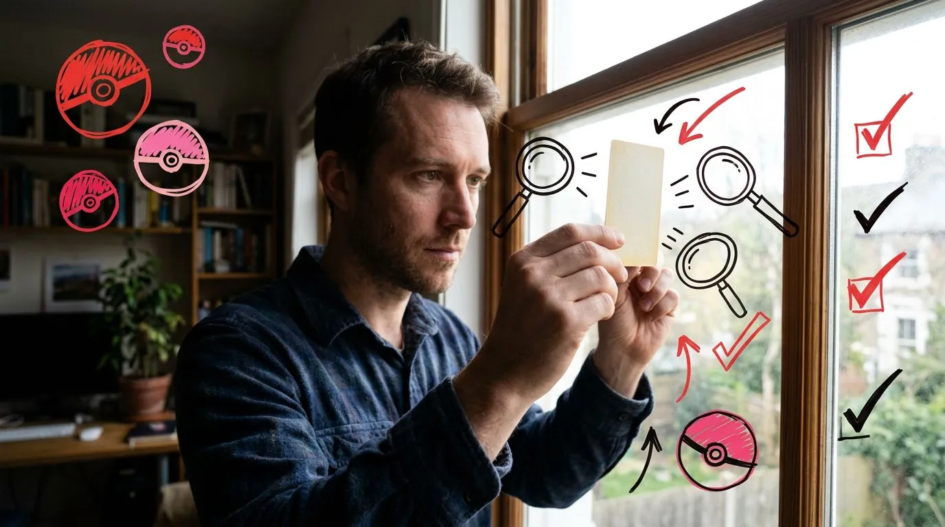 A photograph of a man holding the plain back of a trading card up to a bright window to check the light shining through it, with flat hand drawn pokeball-red illustrations of pokeballs, magnifying glasses, checkmarks drawn over it.