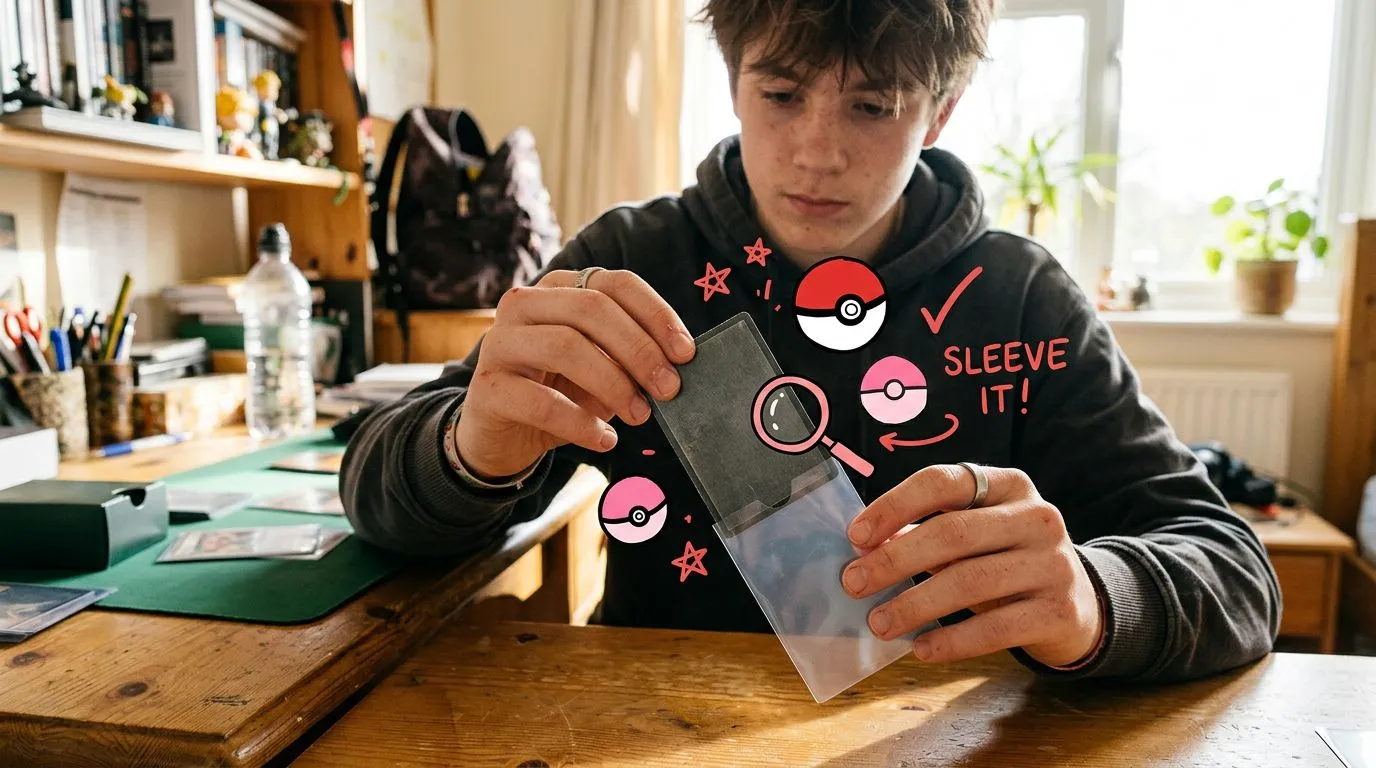 A photograph of a teenager sliding the plain back of a trading card into a protective sleeve at a sunlit bedroom desk, with flat hand drawn pokeball-red illustrations of pokeballs, checkmarks, magnifying glasses drawn over it.
