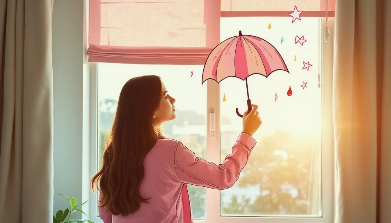 A photograph of a woman at a sunlit window beneath a raised pink blind, holding up a hand drawn pink umbrella, with flat pokeball-red illustrations of raindrops and stars drawn over it.