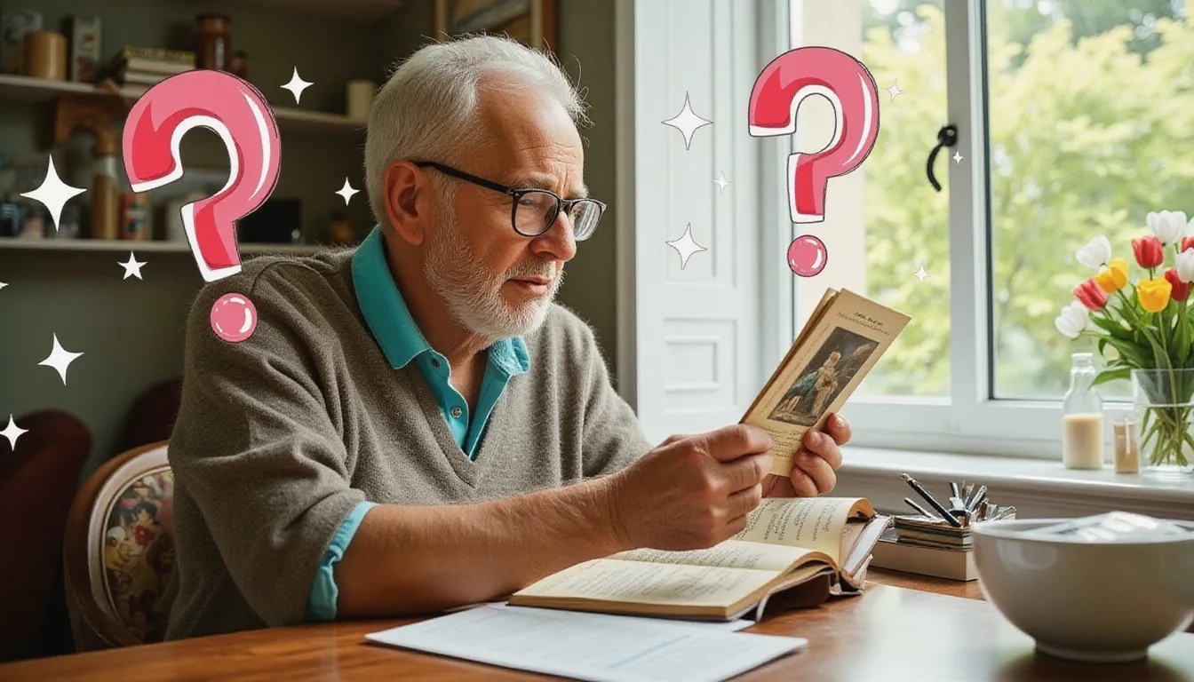 A photograph of an older man in reading glasses studying a small illustrated vintage leaflet over an open book at a sunny window table, with flat hand drawn pokeball-red illustrations of question marks and sparkles drawn over it.