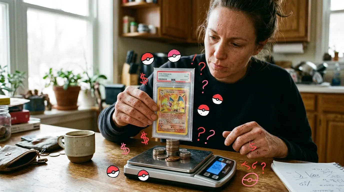 A photograph of a woman balancing a graded card slab against a small stack of coins on a tabletop scale at a kitchen table, with flat hand drawn pokeball-red illustrations of pokeballs, dollar signs, question marks drawn over it.