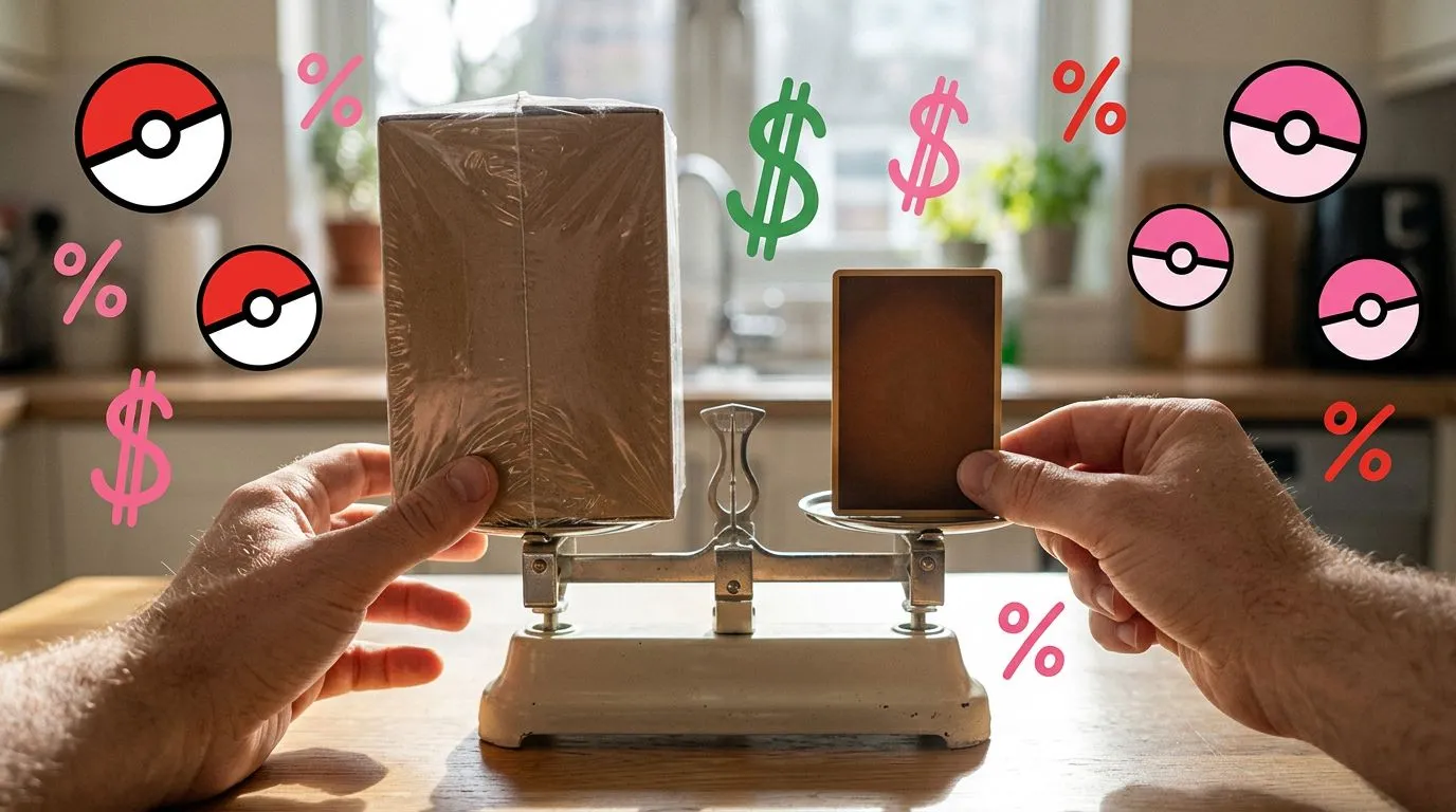 A photograph of a man balancing a shrink-wrapped plain cardboard box against the plain back of a trading card on a kitchen scale at a sunlit table, with flat hand drawn pokeball-red illustrations of pokeballs, dollar signs, percent signs drawn over it.