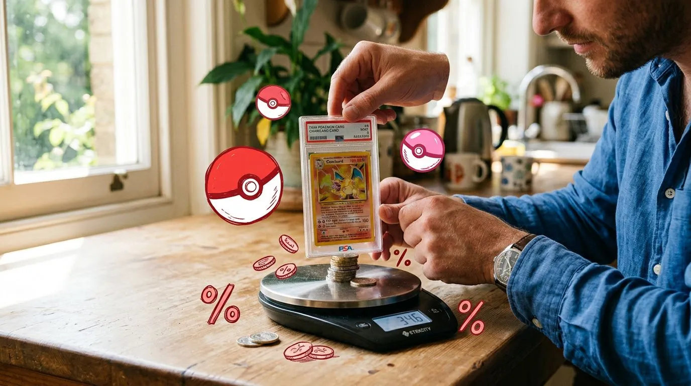 A photograph of a man balancing a graded card slab against a small stack of coins on a kitchen scale at a sunlit table, with flat hand drawn pokeball-red illustrations of pokeballs, coins, percent signs drawn over it.
